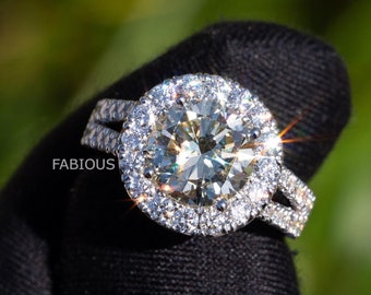 3CT Round Moissanite Engagement Ring, Halo Split Shank Wedding Ring, 18K White Gold Anniversary Gift Promise Ring, Proposal Ring