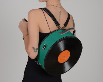 Recycled Long Play record Crossbody/Shoulder/Backpack/Top Handle vegan bag. Gift for her. Party bag, nightout bag, fancy round bag