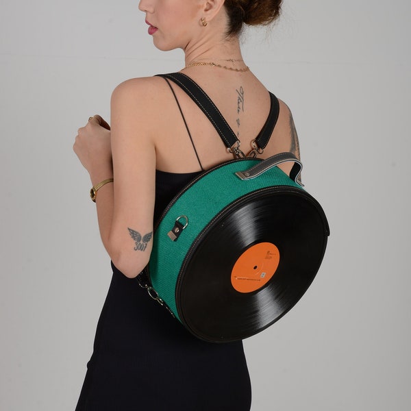 Recycled Long Play record Crossbody/Shoulder/Backpack/Top Handle vegan bag. Gift for her. Party bag, nightout bag, fancy round bag