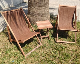 Set of 2 Mahogany foldable Patio chair and small desk for garden or beach side.