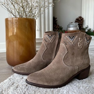 Gloria suede western boot with embroidery and handmade sole. Gift for her