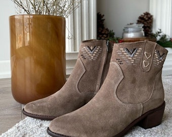 Gloria suede western boot with embroidery and handmade sole. Gift for her