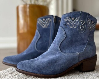 Gloria suede western booties with embroidery and Handstich, gift for her