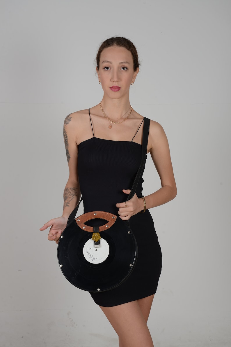 Long Play Record Vegan Bag, Recycled LP Record used. Gift for her, best nighout bag, party bag image 6