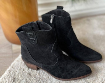 Gloria black VEGAN suede western booties with Handstitch. Vintage style, gift for her