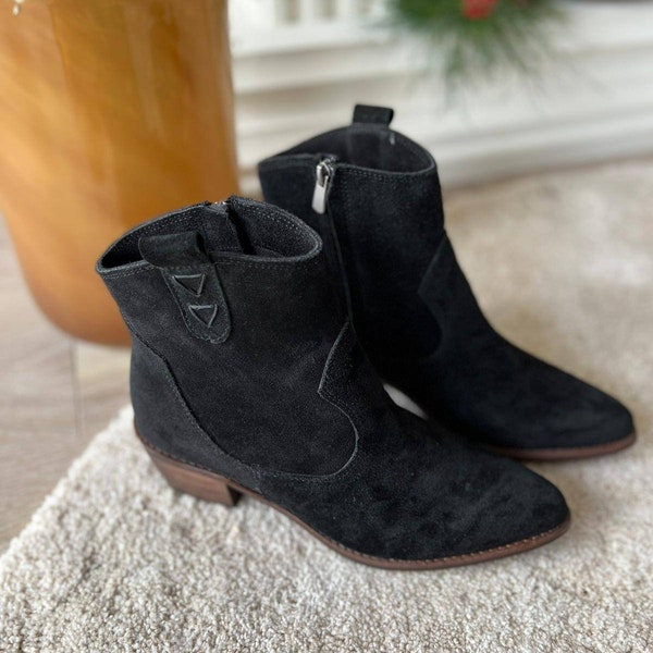 Gloria black VEGAN suede western booties with Handstitch. Vintage style, gift for her