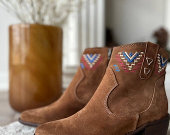 Gloria suede western booties with embroidery and Handstitch. Gift for her