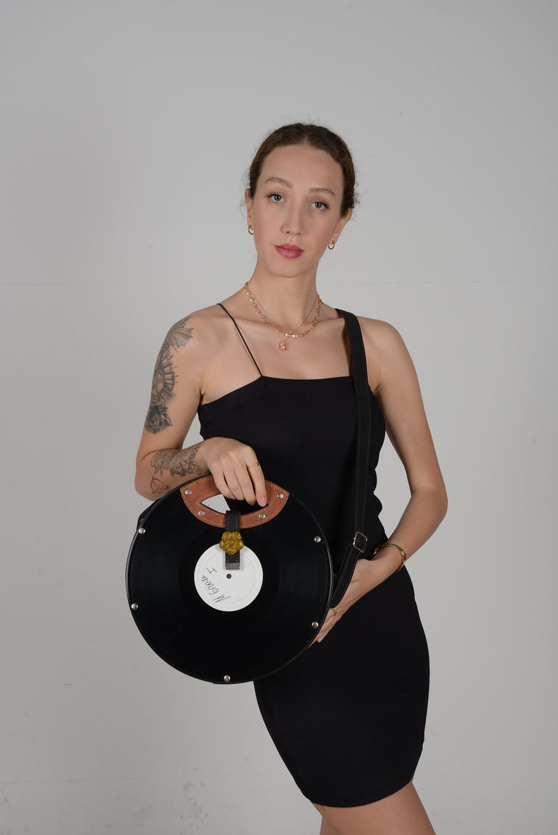 Long Play Record Vegan Bag, Recycled LP Record used. Gift for her, best nighout bag, party bag image 4