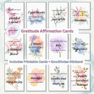 Baralho de cartas de afirmação de gratidão para impressão + adesivos GoodNotes, cartões flash positivos para manifestação, crescimento espiritual e atenção plena
