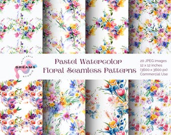 Pastel Watercolor Floral Seamless Pattern Bundle: Soft Vintage Prints (Commercial Use)