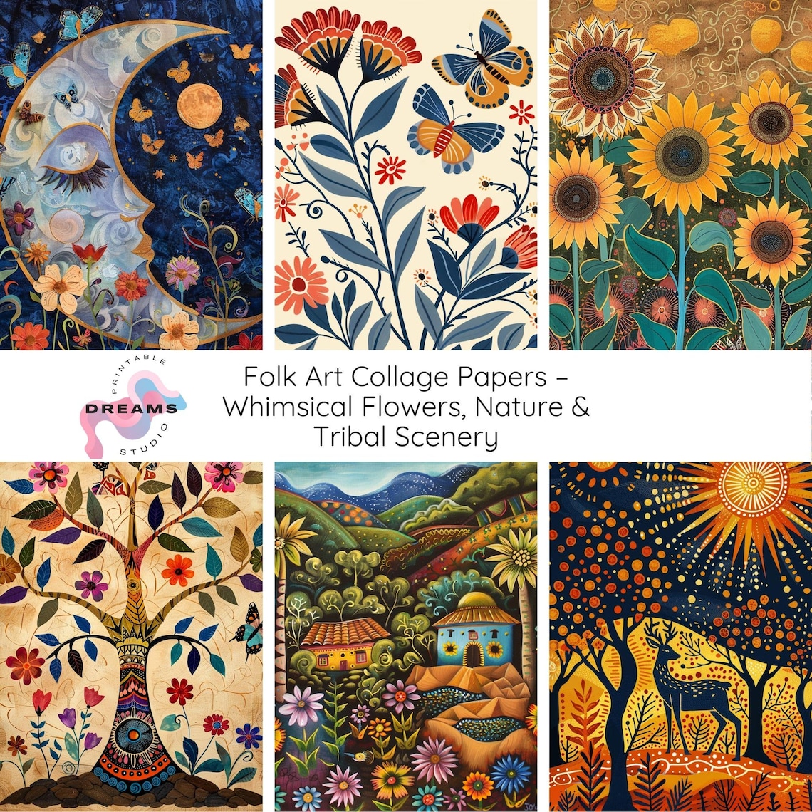Folk Art Collage Papers Whimsical Flowers Nature Prints digital folk-art-collage-papers-whimsical-flowers-nature-prints-digital