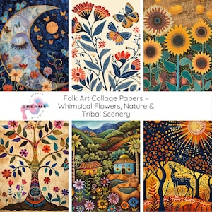 Folk Art Collage Papers: Whimsical Flowers & Nature Prints (Digital Download)