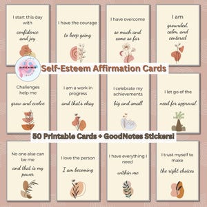 Tarjetas de afirmación de autoestima imprimibles + pegatinas GoodNotes, tarjetas positivas para la confianza, el crecimiento personal y el amor propio.