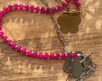 Collana lunga in perle di vetro sfaccettate fucsia, catena a maglia di graffette, pendente a fiore, oro o argento, 90 cm