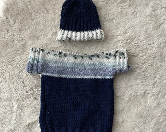 Baby Navy and Light Blue Knitted Jumper and Hat