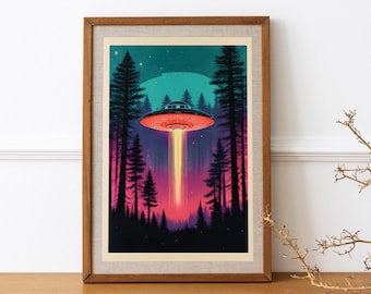 Fliegende Untertasse und Wald, Art Print UFO Wandkunst Alien Drucke Ufo im Wald UFO Poster 60er Jahre Druck Atomic Age Druck AlienInvasion Art