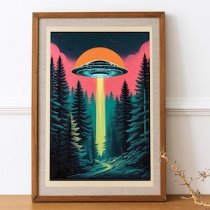 Flying Saucer and forest, Art Print UFO Wall Art Alien Prints Ufo in the Forest UFO Poster 60s Print Atomic Age Print Alien Invasion Art