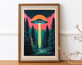 Fliegende Untertasse und Wald, Art Print UFO Wandkunst Alien Drucke Ufo im Wald UFO Poster 60er Jahre Druck Atomic Age Druck AlienInvasion Art