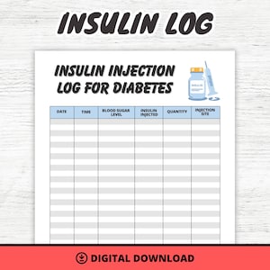 Printable insulin reminder for insulin injection tracker for diabetes type 1 diabetes type 2 diabetes insulin log health tracker