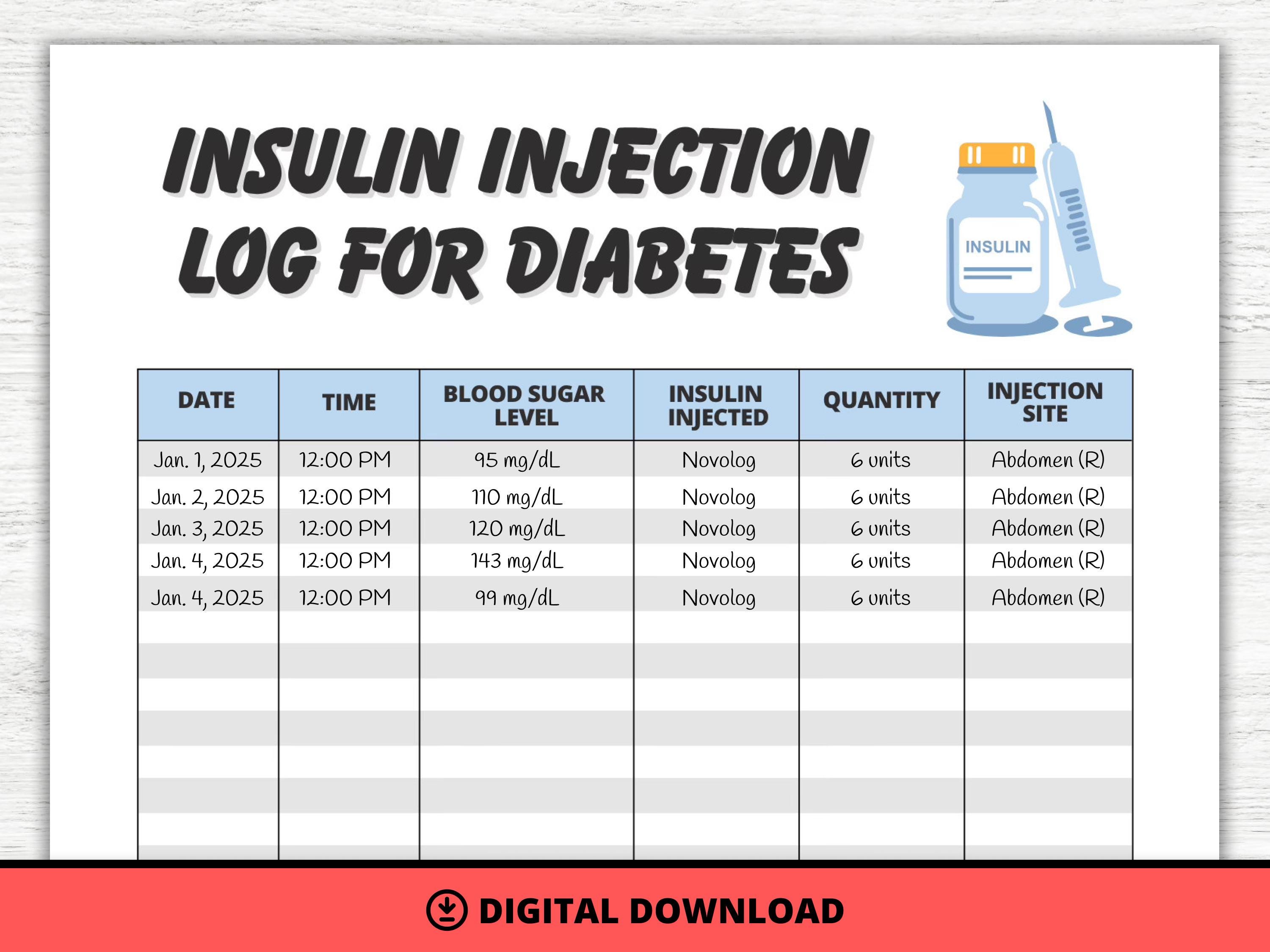 Injection Reminder Printable Insulin Reminder for Insulin Injection Tracker for Diabetes ...