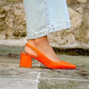 Orange Backless Short Thick Heeled Shoes, Wedding Shoes, Special Occasion Shoes, Special Production Leather Heeled Shoes image 1