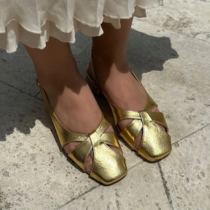 GOLD KOMFORTABLE SCHUHE, faltige Lackleder Klassische Kurze Absatz Damenschuhe, Boho Damen Lässige Flache Lederschuhe, Geschenk für Sie Bild 4