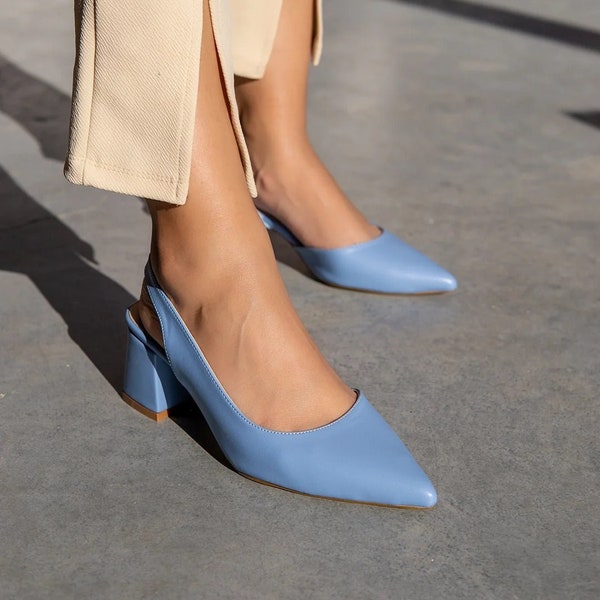 Chaussures à talons épais bleus, chaussures de mariage, chaussures de mariée en cuir bleu bébé, chaussures à talons courts pour femmes à dos ouvert