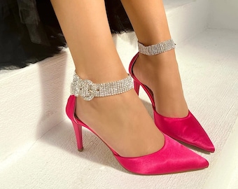 Fuchsia Satin Crystal Stone Arched Heels, Bridal Shoes, Wedding Shoes, Party Shoes