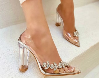 Princess Silver Sheer Floral Women's Heeled Shoes. Special Design Shoes. Bridal Shoes. Cinderella Shoes. Wedding shoes.