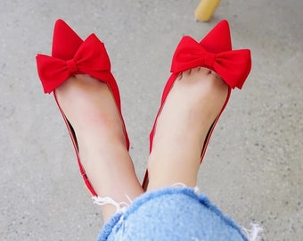 Maribel Red Bow Heeled Shoes,Elegant Bridal Shoes,Red Special Occasion Shoes,Special Design Handmade Textile Fabric Heeled Shoes