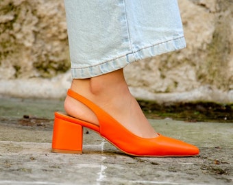 Orange rückenfreie kurze dicke Schuhe mit Absätzen, Hochzeitsschuhe, Schuhe für besondere Anlässe, spezielle Produktion Leder Schuhe mit Absatz