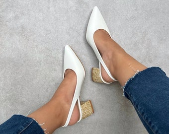 White Leather Short Heeled Shoes, Straw Detailed Heeled Shoes, Summer Wedding Shoes, Boho Bridal Shoes, Gift for Her