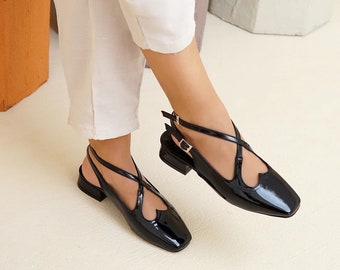 Black Patent Leather Shoes, Handmade Heart Detail Shoes, Short Block Heel Mary Janes Sandals