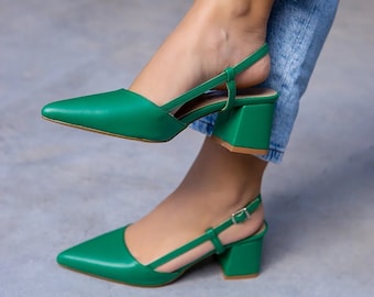 Green Backless Short Chunky Heeled Shoes, Bridal Shoes, Leather Custom Made Heeled Shoes