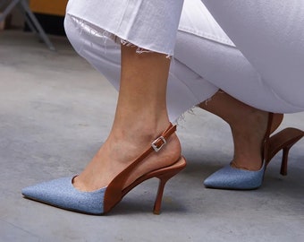 Chaussures à talons détaillées en denim brun, chaussures de mariée, chaussures pour occasions spéciales, chaussures à talons en jeans de production spéciale