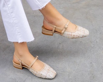 Tweed gedetailleerde beige ballet flats, ballerina schoenen met korte hakken, vierkante teen flats, platte damesschoenen, vintage handgemaakte schoenen