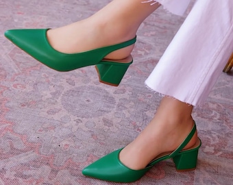 Green Chunky Heeled Shoes, Wedding Shoes, Vegan Leather Bridal Shoes, Open Back Women's Short Heeled Shoes