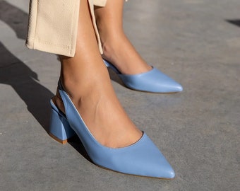 Blue Chunky Heeled Shoes, Wedding Shoes, Baby Blue Leather Bridal Shoes, Open Back Women's Short Heeled Shoes