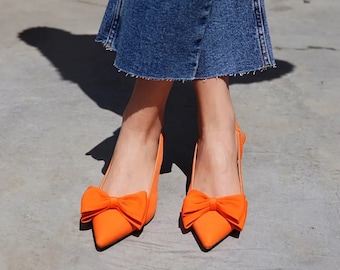 Maribel Orange Textile Fabric Bow Heeled Shoes,Elegant Bridal Shoes,Orange Bridal Shoes,Special Design Handmade Heeled Shoes