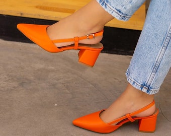 Orange Open Back kurze dicke Schuhe mit Absätzen, Brautschuhe, Schuhe für besondere Anlässe, maßgeschneiderte Lederschuhe mit Absatz