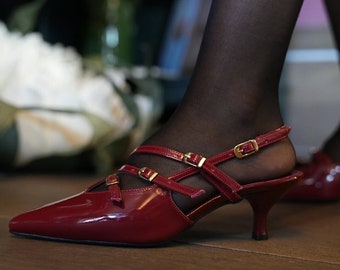 Burgundy Leather Buckle Shoes, Short Heeled Special Occasion Shoes, Patent Leather Shoes, Ankle Strap Wedding Shoes, Gift