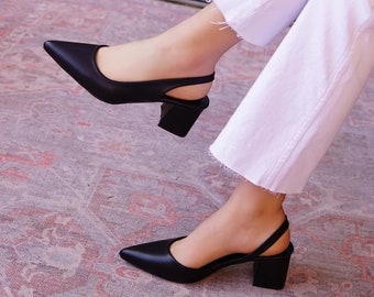 Zapatos de tacón grueso negro, zapatos de boda, zapatos de dama de honor, zapatos de novia de cuero vegano, zapatos de tacón corto de espalda abierta para mujer