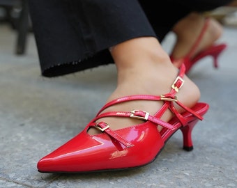 Zapatos con hebilla de cuero rojo, zapatos de tacón corto para ocasiones especiales, zapatos de charol, zapatos de boda con correa en el tobillo, accesorios