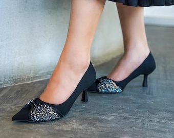 Black Zara Satin Heeled Shoes, Bridal Shoes, Stone Wedding Shoes, Special Occasion Evening Shoes