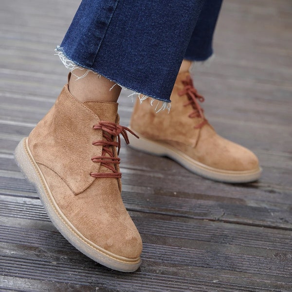 Women's Lace-Up Short Suede Boots,  Women Ankle Shoes, Suede Boots For Winter, Handmade Women's Boots