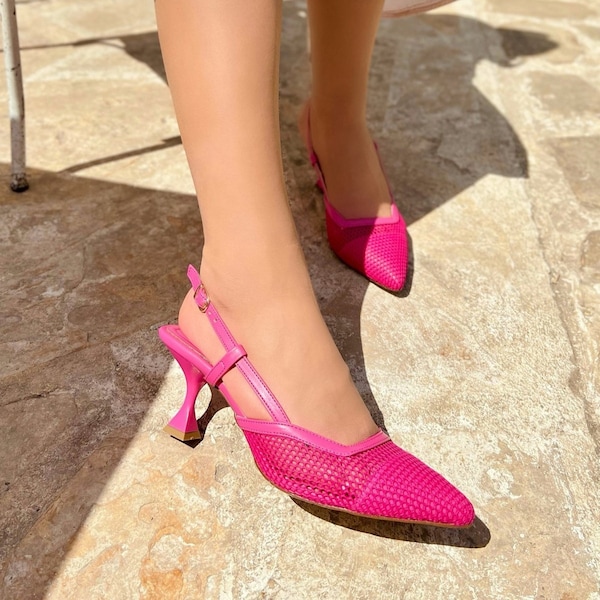 Fuchsia Mesh Detailed Heeled Shoes, Bridal Shoes, Summer Wedding Shoes, Special Production Comfortable Heeled Shoes