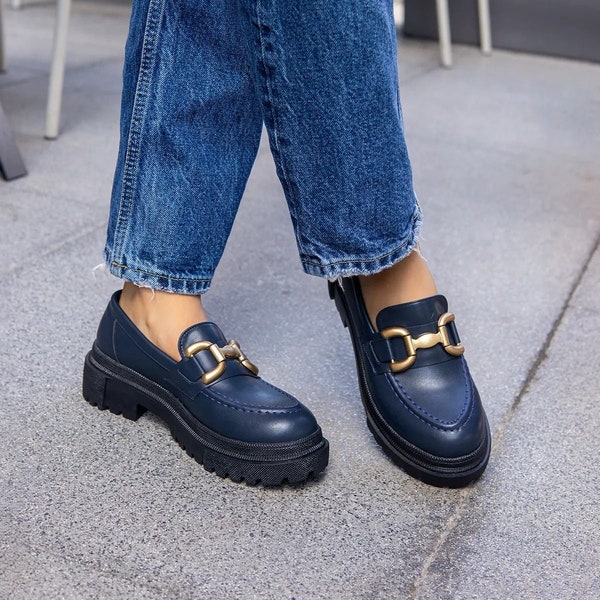 Handmade Women's Navy Blue Leather Gold Buckle Detailed Loafers, Leather Shoes, Casual Oxford Shoes, Soft Leather Shoes, Casual Shoes