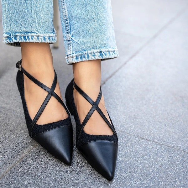 BLACK-TWEED FLATS, Tweed Detailed Black Ballet Flats,Handmade Black Casual Mary Janes, Short Heeled Ballerina Shoes,Pointed Toe Flats