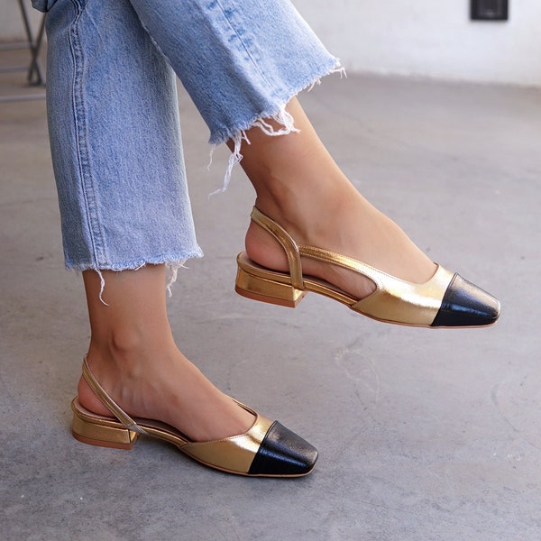 Gold Shiny Vegan Leather Women's Flats, Daily Flats, Short Heeled Women's Shoes, Unique Design Flats