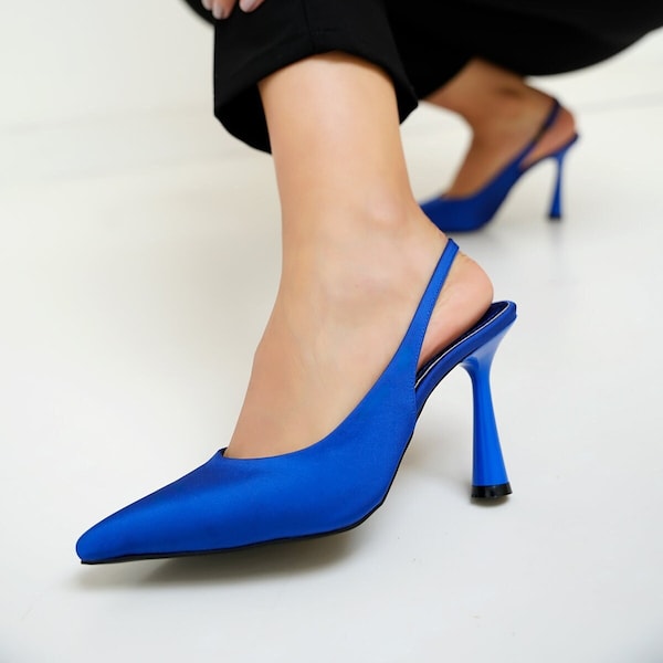 Bridal Shoes, High Heels, Wedding Shoes, Saks Blue Satin Heels, Belt Detailed Heels, Stylish Heels, Satin Heels